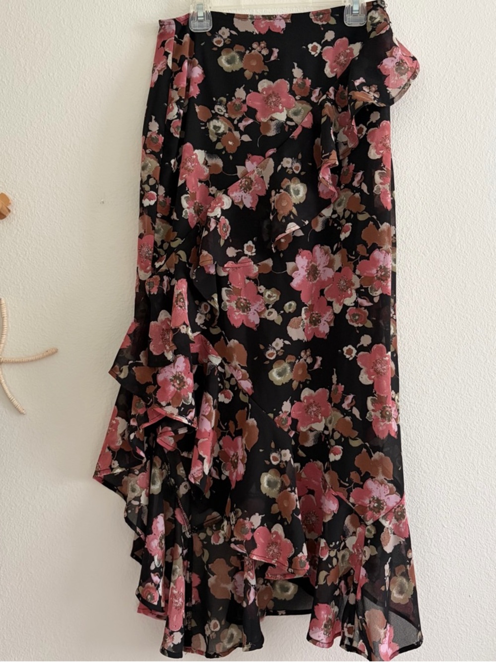 Black and Pink Floral Midi Skirt with Ruffles